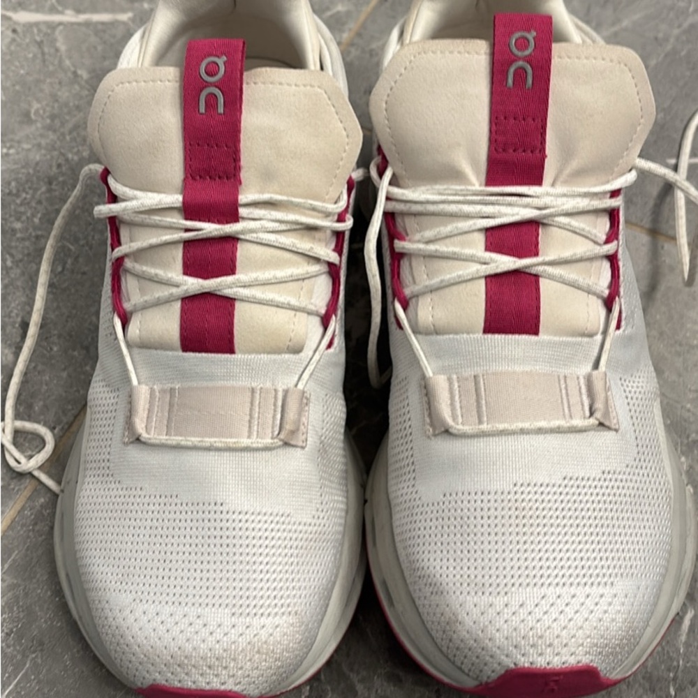 On Running White and Pink Athletic Shoes with Breathable Mesh